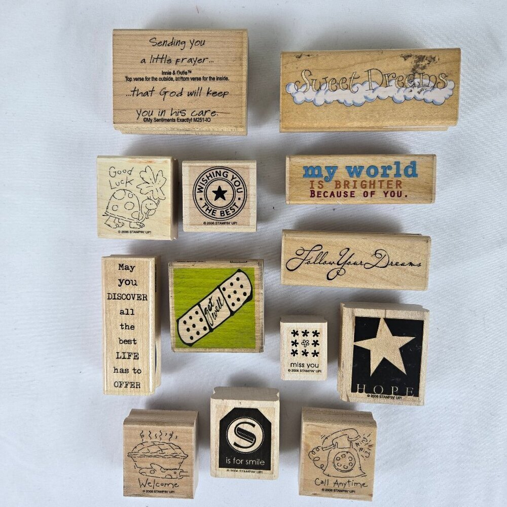 Mixed Brands Bundle of 13 "Sentiment" Stamps Words and Pictures Crafts